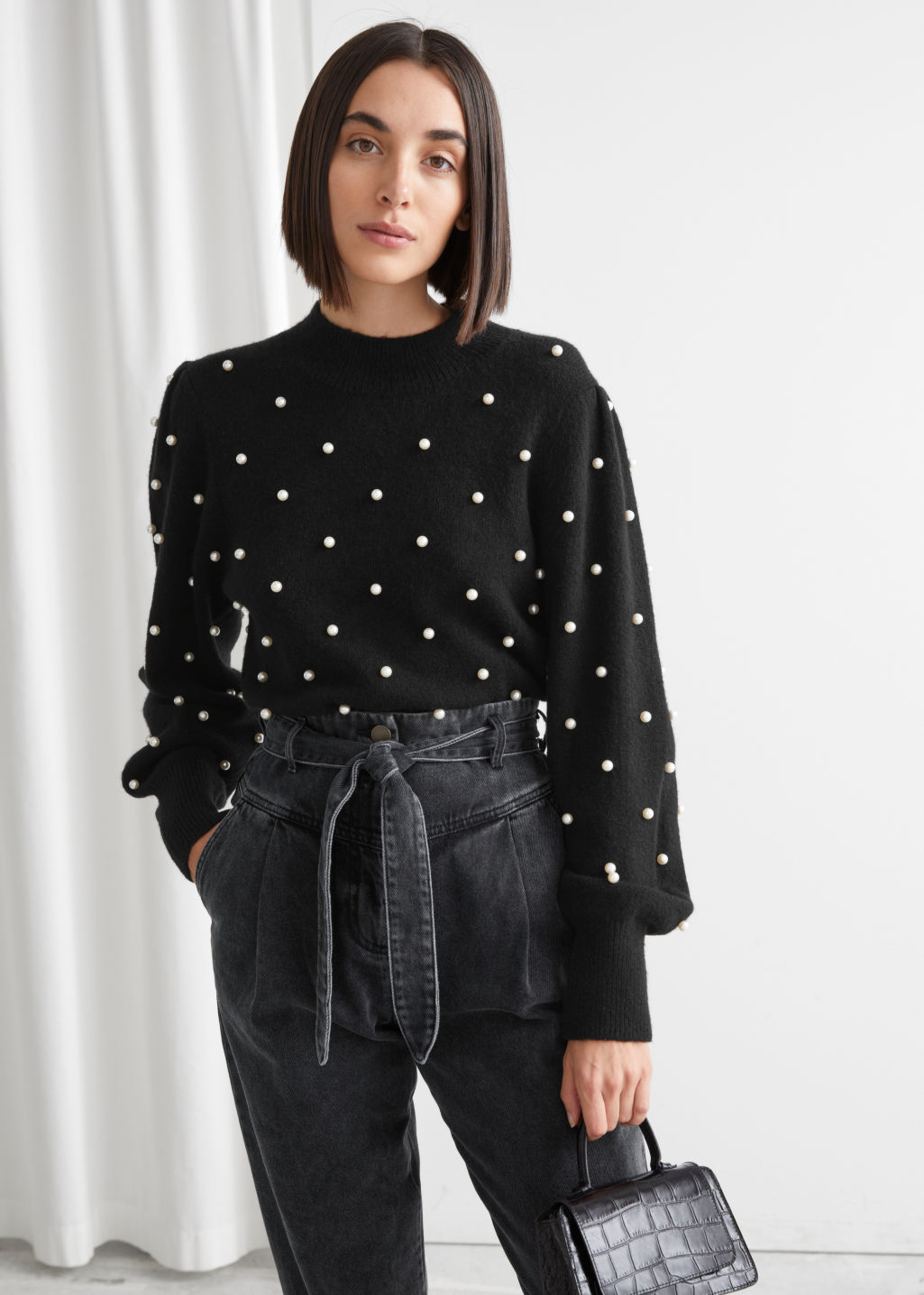 Pearl Dot Puff Sleeve Sweater - Black - Sweaters - & Other Stories - Click Image to Close