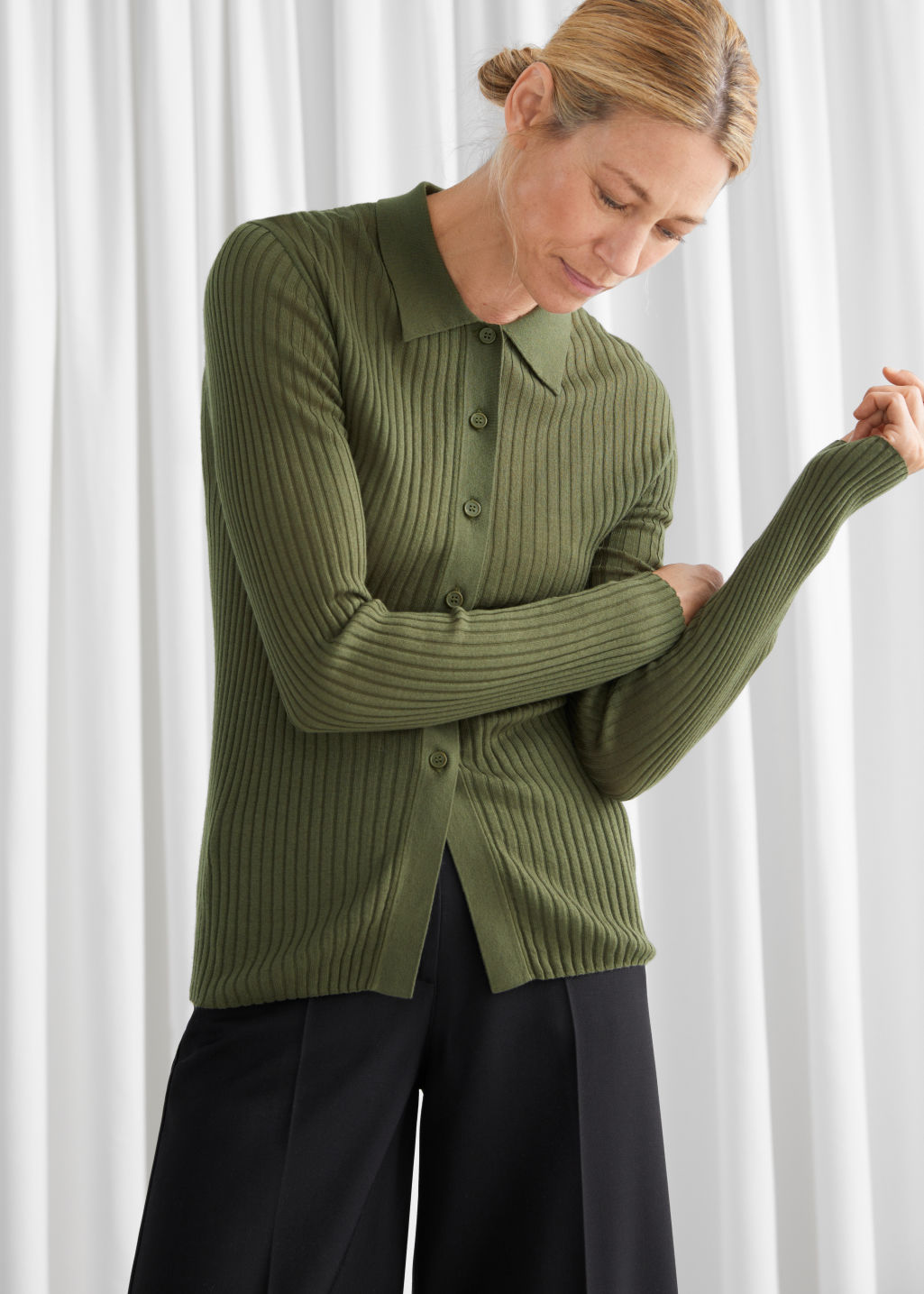 Fitted Ribbed Knit Cardigan - Green - Cardigans - & Other Stories - Click Image to Close