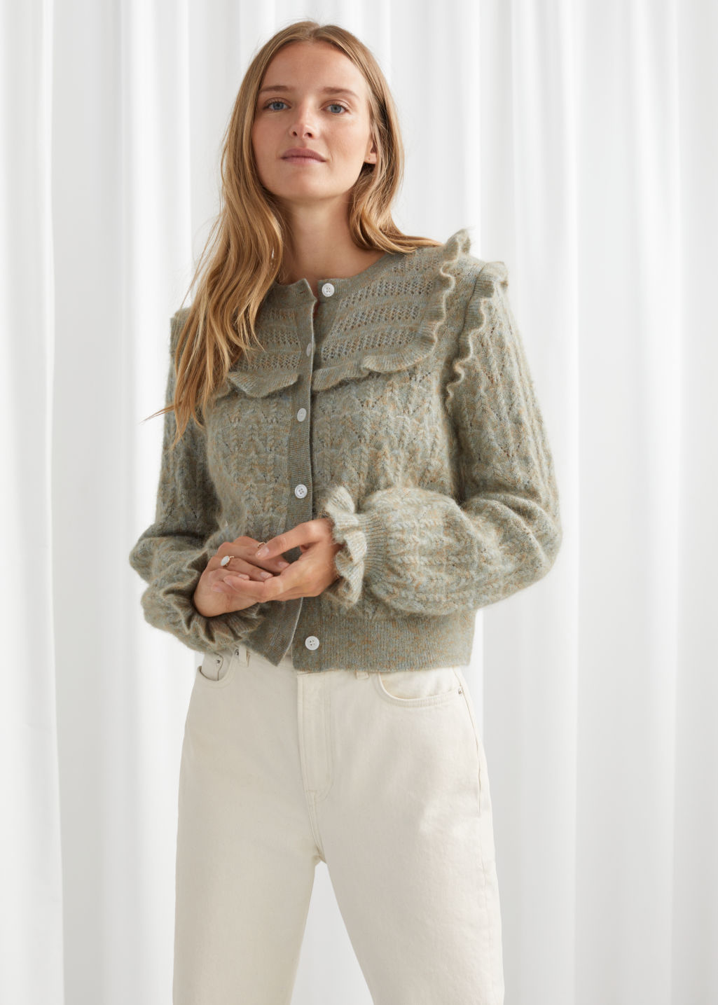 Ruffled Cable Knit Cardigan - Grey - Cardigans - & Other Stories - Click Image to Close
