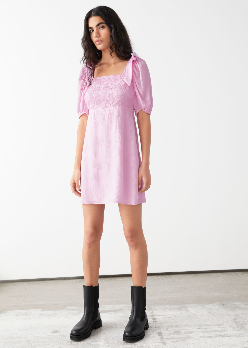 Fitted Puff Sleeve Mini Dress - Pink - Mini dresses - & Other Stories - Click Image to Close