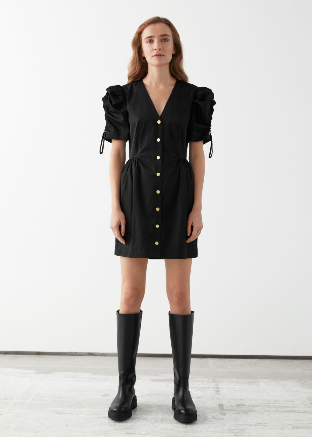 Gold Button Puff Sleeve Mini Dress - Black - Mini dresses - & Other Stories - Click Image to Close