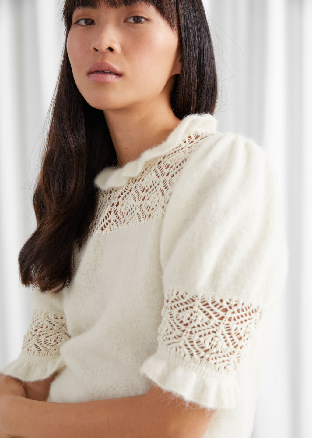 Ruffled Puff Sleeve Knit Top - White - Sweaters - & Other Stories - Click Image to Close