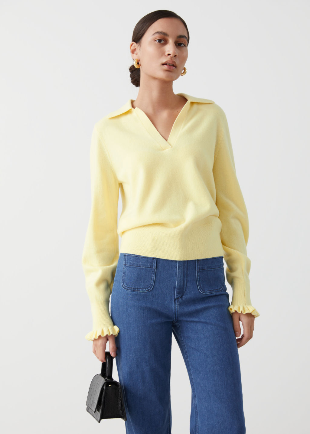 Ruffled Wool Knit Polo Sweater - Light Yellow - Sweaters - & Other Stories - Click Image to Close